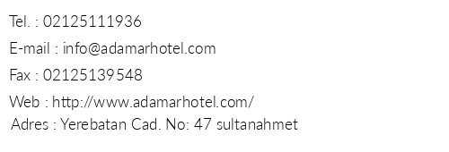Adamar Hotel telefon numaralar, faks, e-mail, posta adresi ve iletiim bilgileri